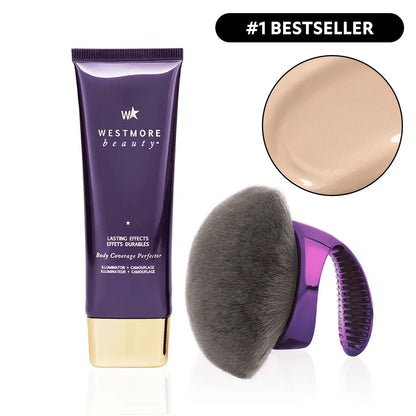 Westmore Beauty Body Coverage Perfector 3.5 oz + Brocha difuminadora extragrande - Maquillaje corporal impecable, corrector para cicatrices, manchas, venas, tatuajes y más. Mezcla cosmética.