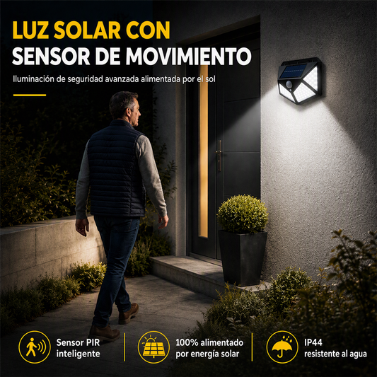 ☀️ 50% dto. Lámpara solar LED con sensor de movimiento – 100 LEDs, 1200 lúmenes, IP65 impermeable y 3 modos. ¡Ilumina tu jardín sin coste eléctrico! ✨🔋
