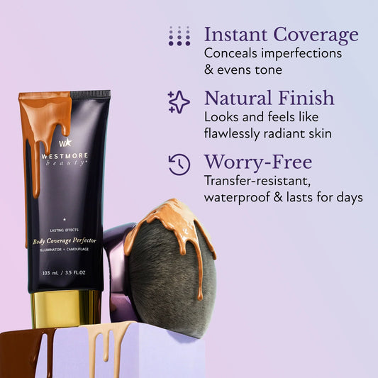 Westmore Beauty Body Coverage Perfector 3.5 oz + Brocha difuminadora extragrande - Maquillaje corporal impecable, corrector para cicatrices, manchas, venas, tatuajes y más. Mezcla cosmética.