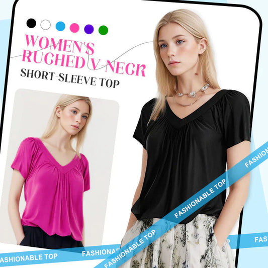 Camisetas casuales de verano para mujer Dokotoo de manga corta con cuello en V - Ajuste holgado y cómodo con fruncido.
