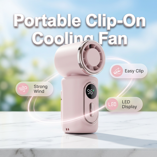 🔥Ventilador portátil con clip y pantalla LED.🌬️ Ligero y con un potente flujo de aire, la pantalla LED muestra claramente el nivel de batería. Engánchalo donde quieras y mantente fresco todo el día. ¡Súper práctico!