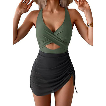Vestido de baño de una pieza para mujer con diseño cruzado y bloques de color