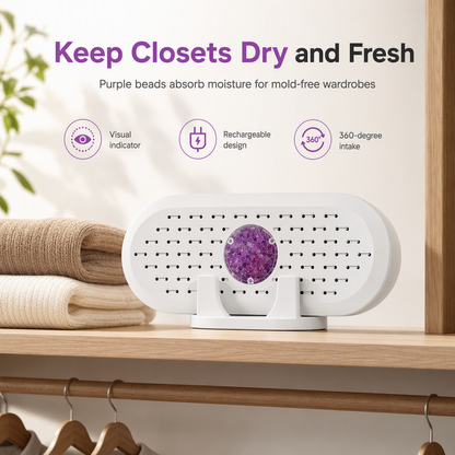 Mini deshumidificador doméstico reutilizable — Absorbedor de humedad de gel de sílice para armarios, roperos, cajones y baños; con indicador visual de color, recargable por USB, ecológico, color blanco.