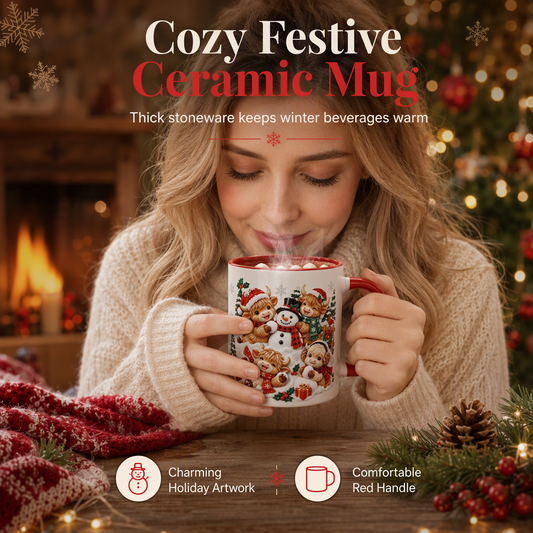 🎅 ¡Oferta de regalos navideños: 50 % de descuento! ✨ Taza de cerámica festiva con diseño de vaca de las Tierras Altas y muñeco de nieve